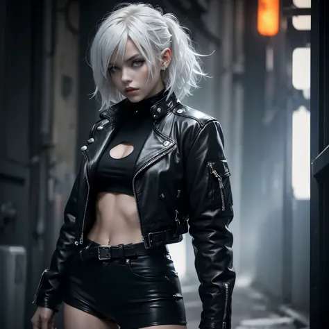 blond woman in black leather jacket and silver makeup posing, wearing cyberpunk leather jacket, jacket over bare torso, 2 b, 2b,...