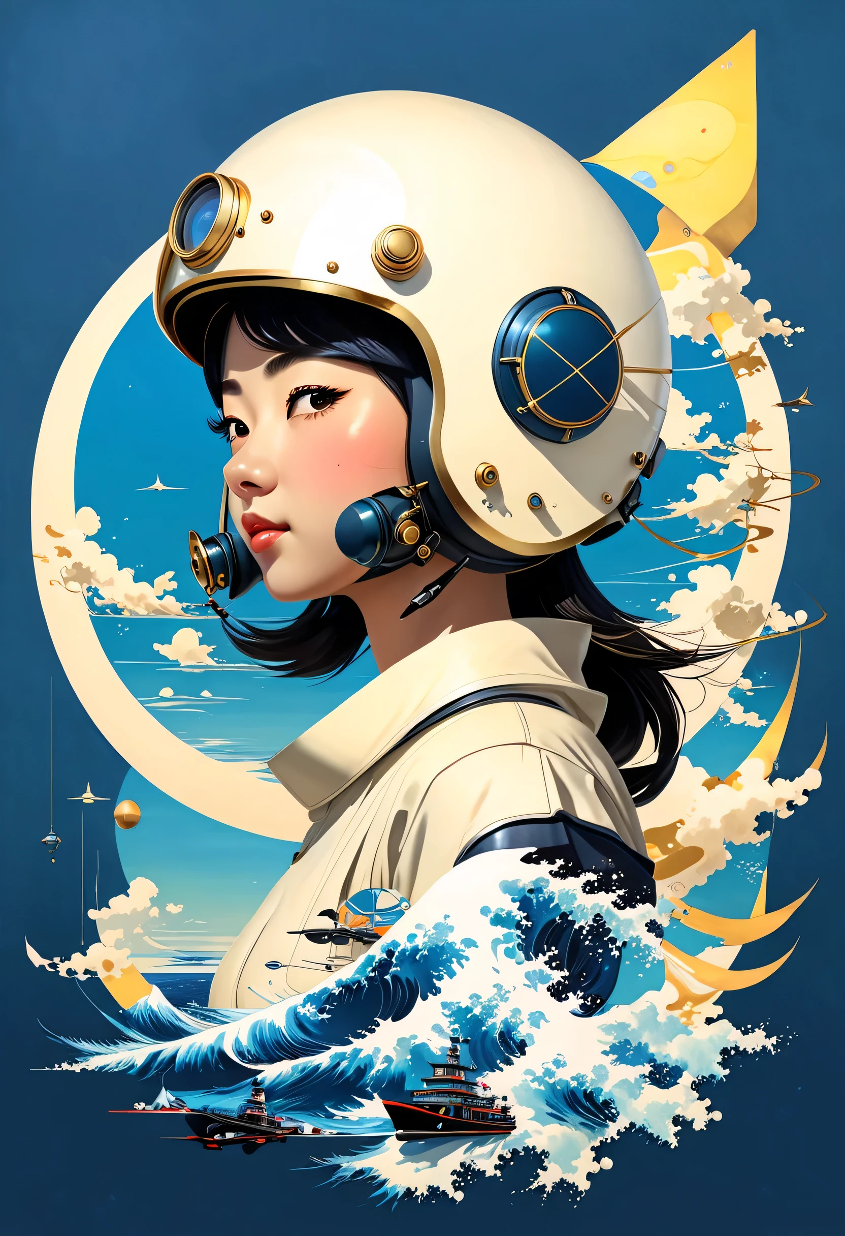 Illustration of a girl wearing a jet-type helmet、Standing stunned、Styles of Japan painting、I have a radio control controller、metallic、Blue sea background、cumulonimbus fragments、highest quality、ultra high resolution、golden ratio、maximum coefficient、mohenjodaro