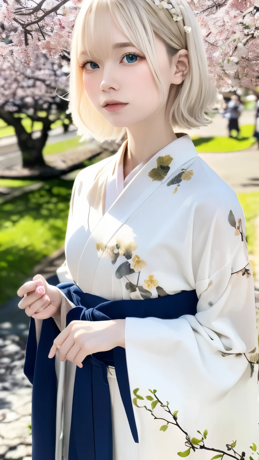(kimono)、Japanese clothing、(highest quality,masterpiece:1.3,超A high resolution,),(Super detailed,caustics),(Photoreal:1.4,RAW shooting,)ultra-realistic capture,very detailed,High resolution 16K suitable for human skin、 Natural skin texture、、Skin tone looks even and healthy、 Use natural light and color,one woman,Japanese,,cute,Beautiful silky silver hair,middle hair,(Depth of written boundary、chromatic aberration、wide lighting range、natural shading、)、(hair swaying in the wind:1.3)、(Cherry tree in full bloom:1.3)、Someiyoshino、Beautiful town of Kyoto