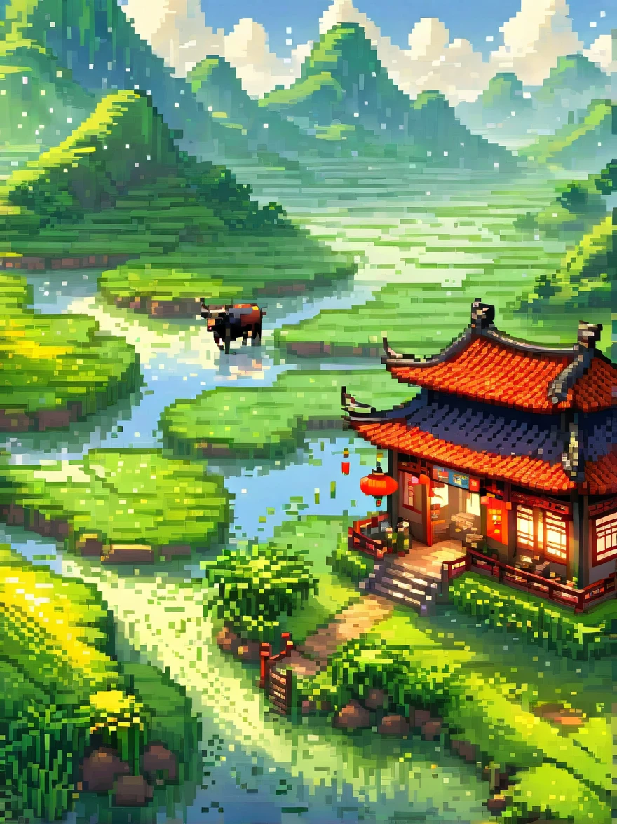 （Pixel art：1.5）Il pleut pendant le festival de Qingming，Un mignon petit garçon chinois，Vêtu de Hanfu de couleur claire，porter un chapeau de paille，Monter sur le dos d'un taureau noir，((flûte))，il est dans les champs，rivière lointaine、prairie，Il y a des montagnes au loin，oiseaux qui tournent dans le ciel，Avec des oignons verts。Personnages style Disney-Pixar，De grands yeux larmoyants，couleurs vives。Tracé laser、Technologie de raffinage de l&#39;octane，vue grand angle