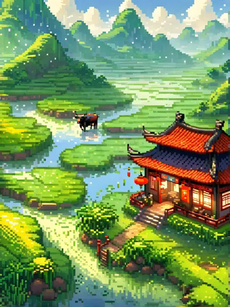（pixel art：1.5）It rains during Qingming Festival，A cute little Chinese boy，Dressed in light-colored Hanfu，wearing a straw hat，Ri...