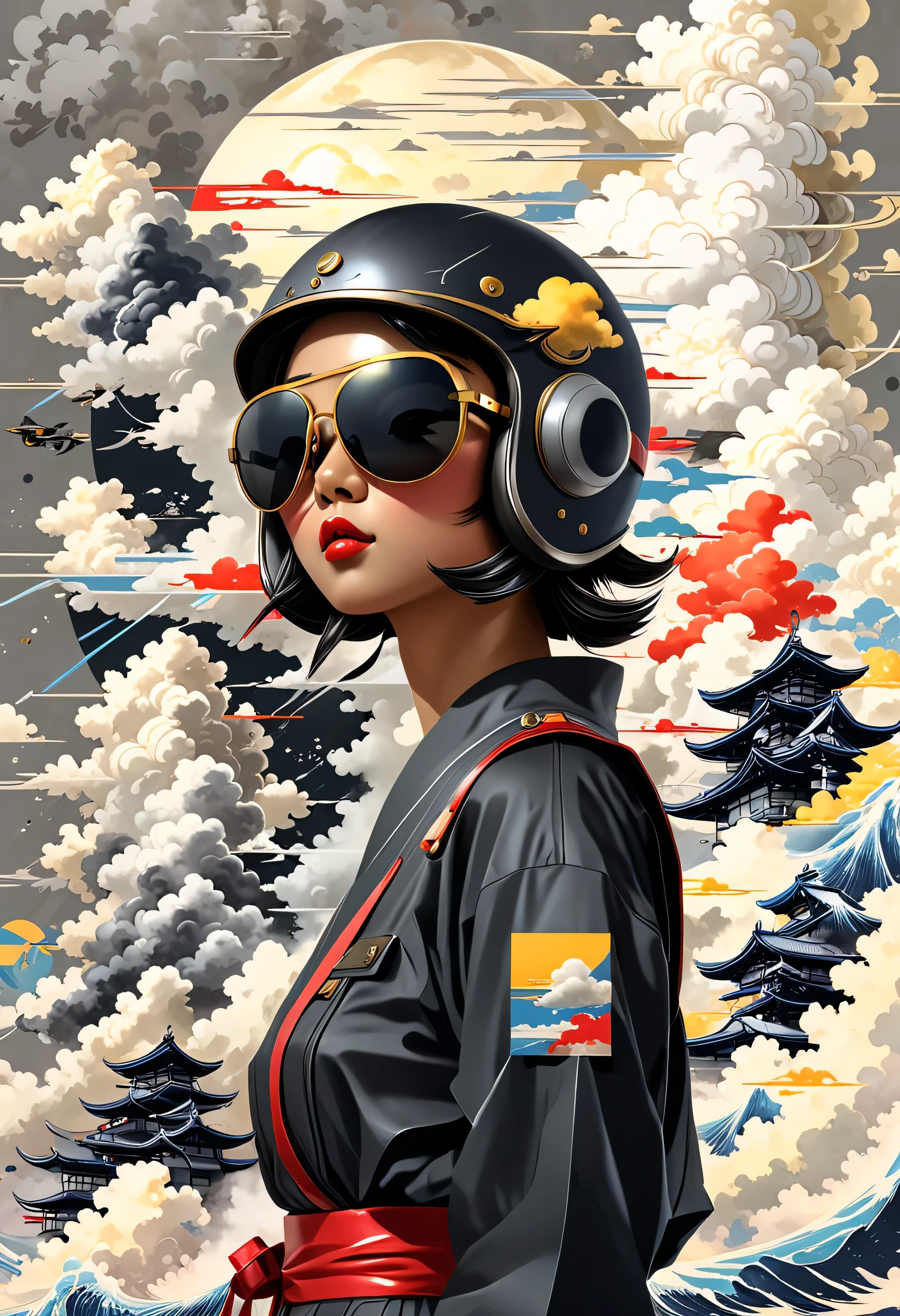 Illustration of a girl wearing a jet-type helmet、wearing sunglasses、Standing stunned、Styles of Japan painting、Comes with a large switch button、metallic、gray cloud background、thundercloud、masterpiece、highest quality、ultra high resolution、golden ratio、maximum coefficient、mohenjodaro