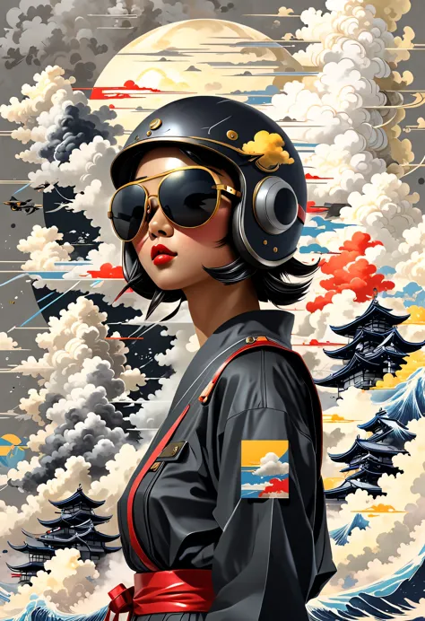 Illustration of a girl wearing a jet-type helmet、wearing sunglasses、Standing stunned、Styles of Japan painting、Comes with a large...
