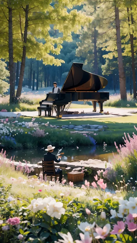 In the spring season，There is a piano in the woods，Birds and flowers around，Vibrant，Have an artistic feel