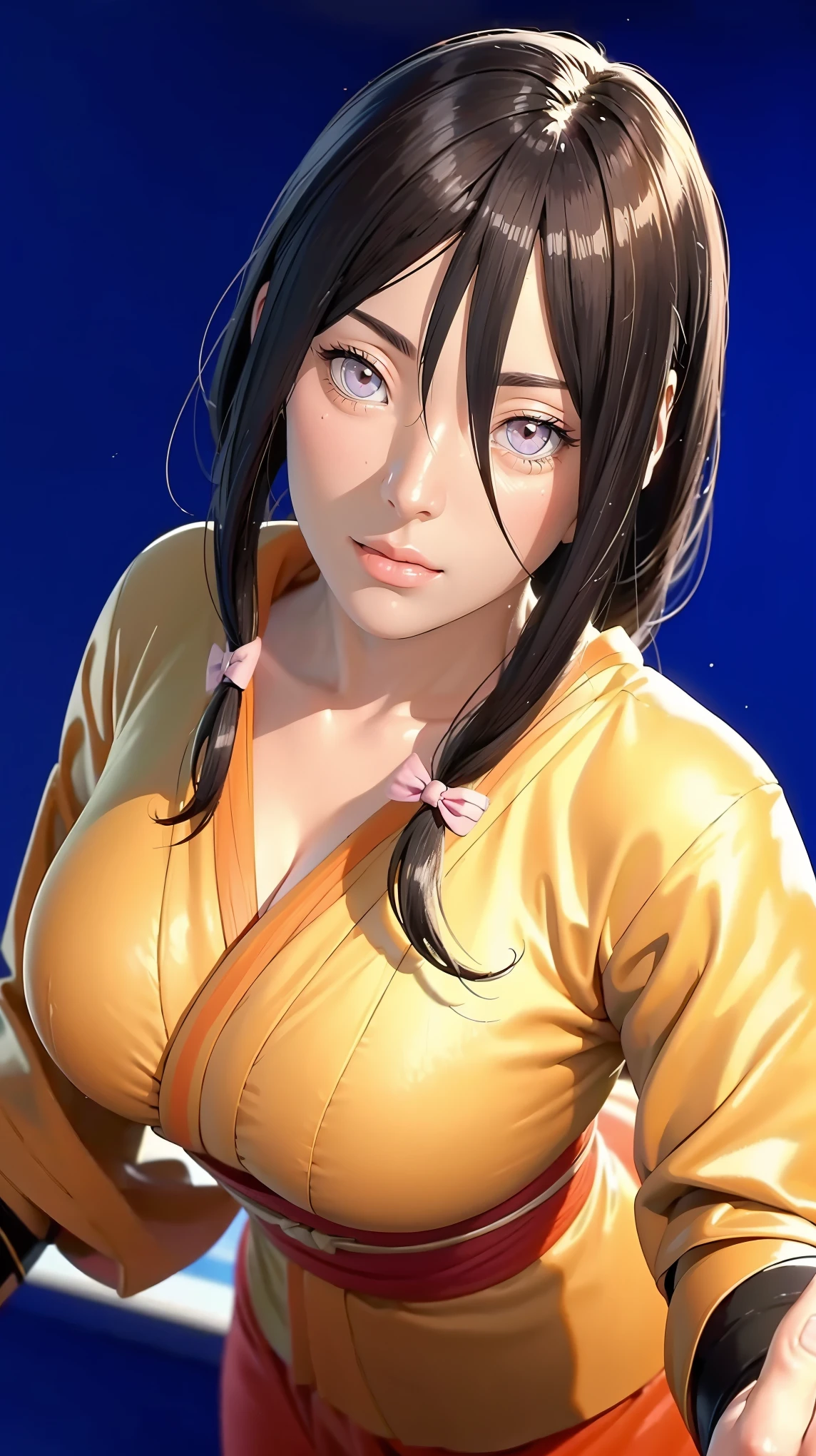 （（（Perfect figure，figure，orange kimono, obi，hakama skirt，work，flame print kimono，（（（hyuuga workbi，low tied long hair，hair bow，Light blue pupils））），S-shaped figure:1.7））），((masterpiece)),high resolution, ((Best quality at best))，masterpiece，quality，Best quality，（（（ Exquisite facial features，looking at the audience,There is light in the eyes，Happy，nterlacing of light and shadow，））），（（（looking into camera，black background，Exaggerated perspective , ultra wide shot,）））