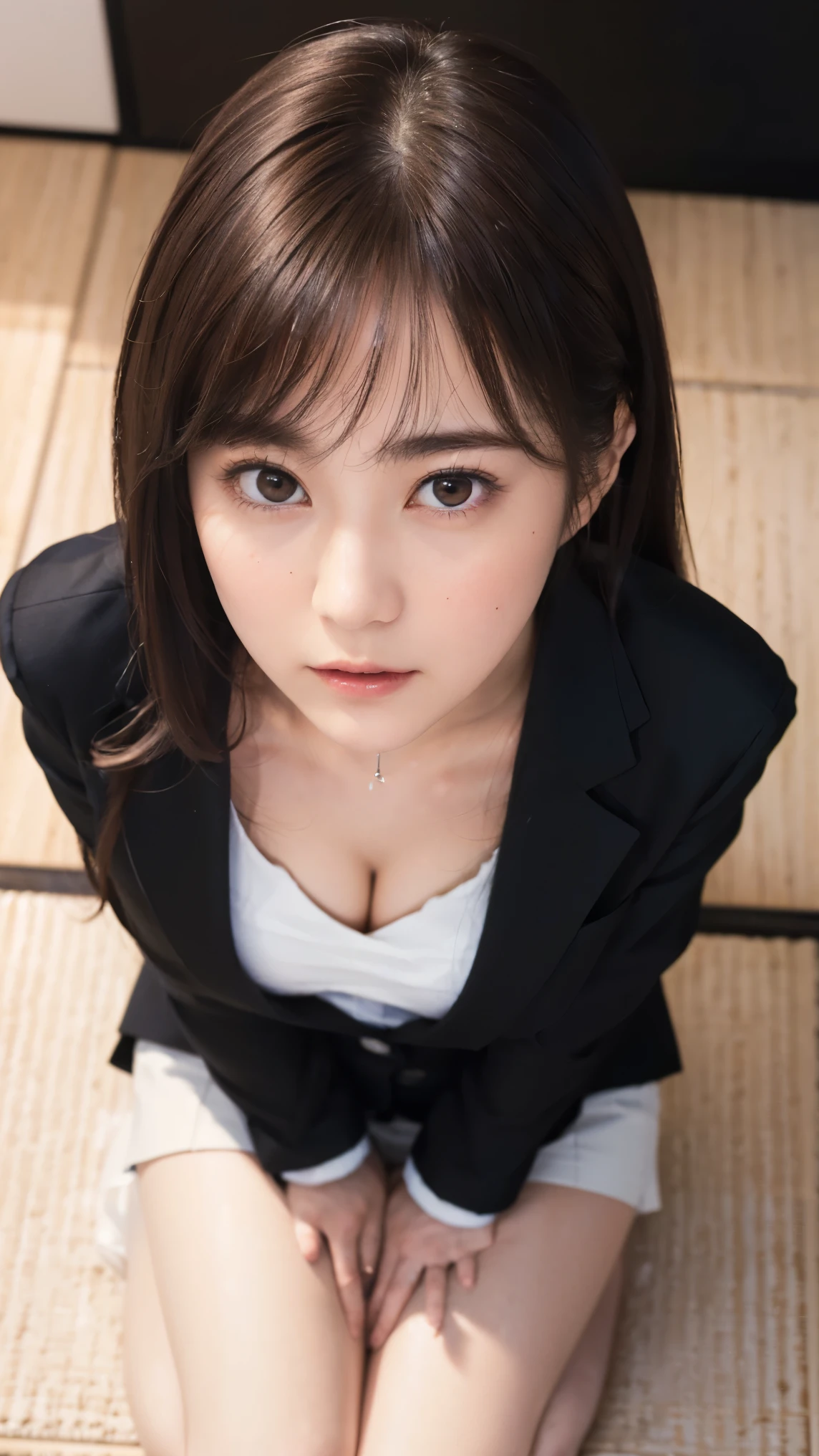 ((highest quality, 8K, Raw photo, masterpiece :1.3)), (realistic、Photoreal:1.37)、Super detailed、ultra high resolution, (professional lighting), alone, 1 female, alone, (30 years old), Japanese, Beautiful and dense face, shining eyes, brown eyes, (Thin：Weight 1.0) , Fine and beautiful skin, skin texture,A woman is sitting in front of me with her knees on the floor.、look up at the camera、Reach out and grab the camera、The mouth is open and、He has a troubled expression on his face..、fellatio, Japanese house、tatami,Japanese style room, Light of the sun, (NSFW,kneel down:1.3, arrive:1.3, open your mouth:1.3, shy), (hairstyle: medium hair, brown hair), (clothing: business suit, tight black jacket, white tank top, black tight skirt ), (Floor seen from above:1.5) girl,alone