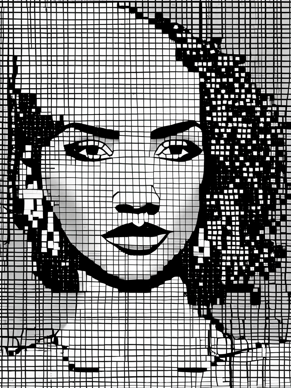 （最高品質，4K，傑作：1.2），非常に詳細な，Create a three-dimensional pixelated 肖像画 in white，ドット絵，ヒッピーファッションデザインのスタイル, 肖像画, 美しいディテール，美少女，オーストラリアのアーティスト、ギル・ブルーヴ，白黒