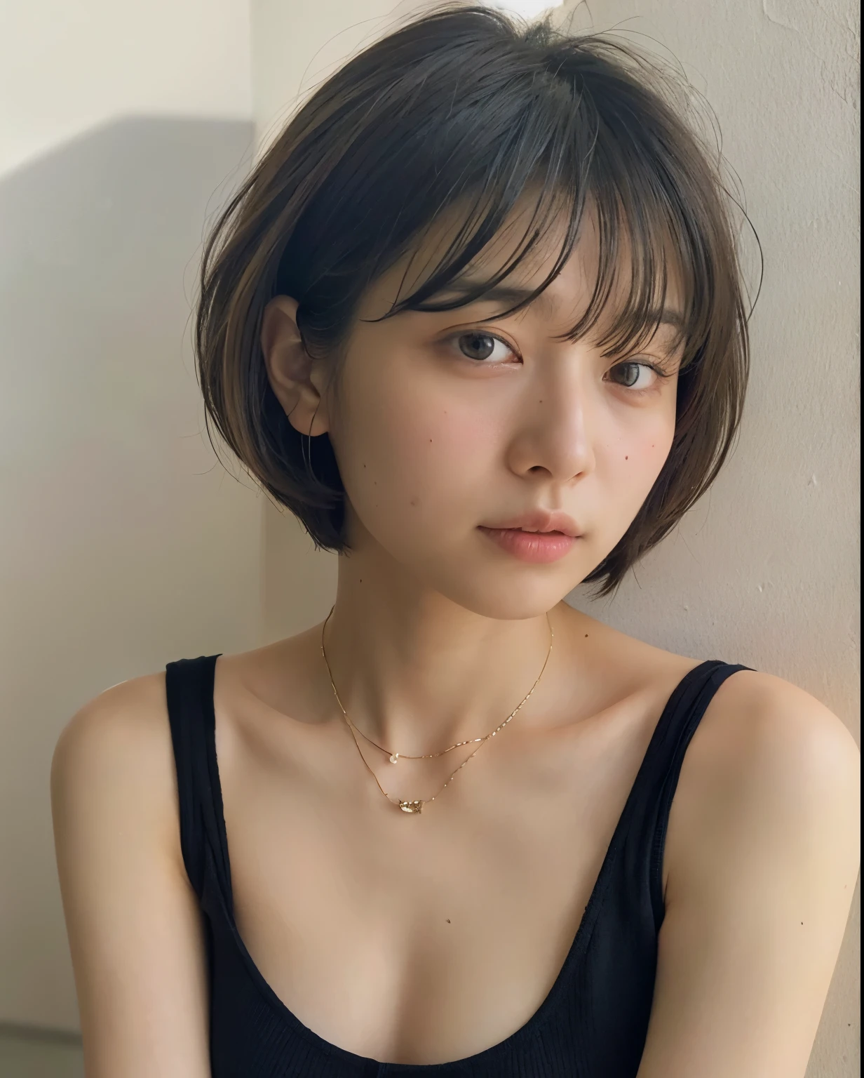 (very realistic photo, concentrated、High resolution, detailed face, fine eyes), ((Taken in front of a white wall))、japanese woman, 20-year-old, various expressions, Upper body、alone:1, slim body shape, various hairstyles,black sheer tops、 Only one person is in the photo、Photographed in natural light、simple necklace、bob hair、shortcut、looking at the camera