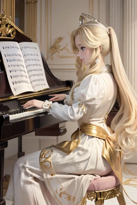 A noble princess is playing the piano，There is a golden retriever lying at your feet；victorian era，Crisp white skirt，Blonde，Look...