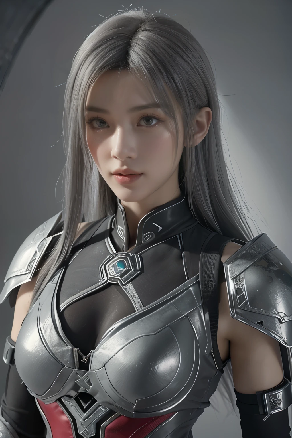 Masterpiece,Game art,The best picture quality,Highest resolution,8K,(Portrait),Unreal Engine 5 rendering works,(Digital Photography),((Portrait Feature:1.5)),
20 year old girl,Short hair details,With long bangs,(The red eye makeup is very meticulous),(With long gray hair:1.4),(Large, full breasts),Elegant and noble,Brave and charming,
(Future armor combined with the characteristics of ancient Chinese armor,Hollow design,Power Armor,The mysterious Eastern runes,A delicate dress pattern,A flash of magic),Warrior of the future,Cyberpunk figures,Background of war,
Movie lights，Ray tracing，Game CG，((3D Unreal Engine))，OC rendering reflection pattern