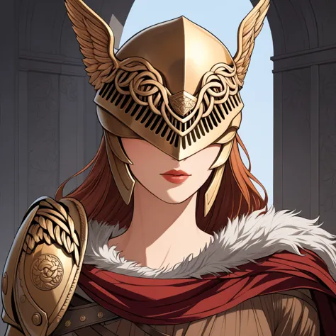 highly detailed, high quality, masterpiece, beautiful, maleniadef, armor, cape, helmet, brown dress, covered eyes, peeking out u...