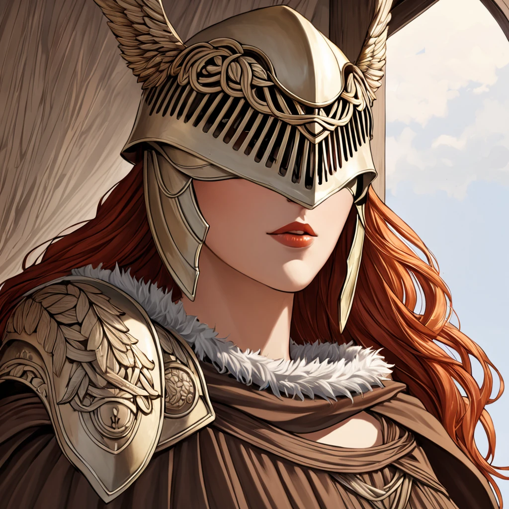 Highly detailed, High Quality, Masterpiece, beautiful, MaleniaDef, armor, cape, helmet, brown dress, covered eyes, peeking out upper body