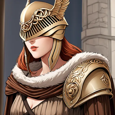 highly detailed, high quality, masterpiece, beautiful, maleniadef, armor, cape, helmet, brown dress, covered eyes, peeking out u...