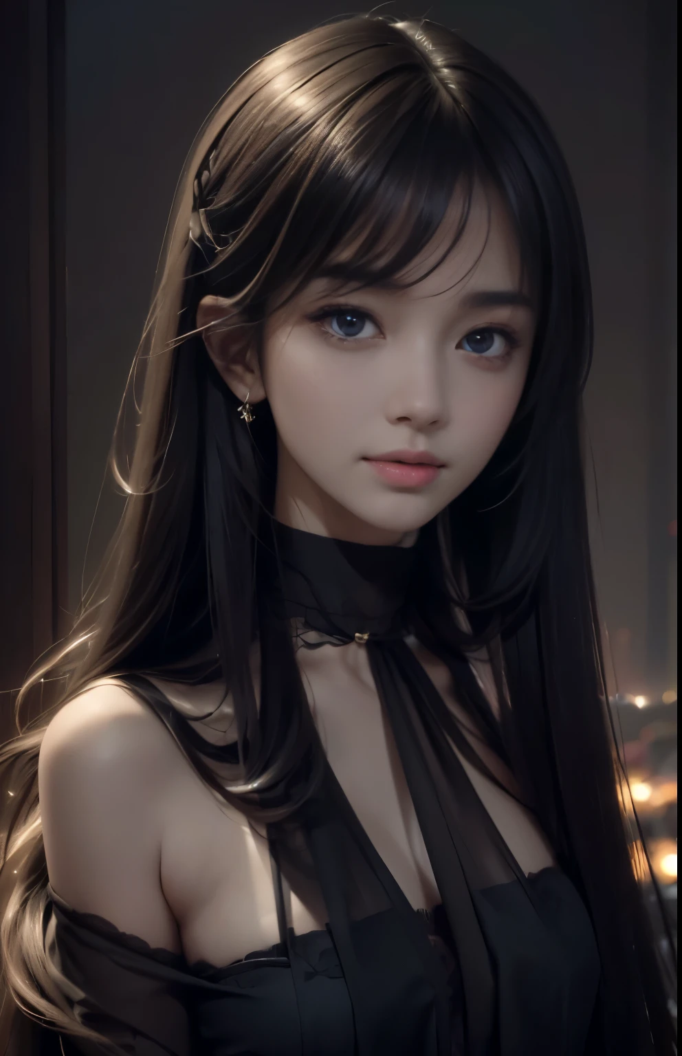 (Hyper-realistic) , (illustratio), (Increase the resolution), (8K), (extremely detaile), (Most Best Illustration), (Beautiful and delicate eyes), (best qualtiy), (ultra - detailed), (masterpiece), ( the wallpaper), (Detailed face), solo, looking at viewert, exquisite detailing, Detailed face, in the darkness nigth, deep shading, low tune,pureerosfaceace_V1, ssmile,long  straight hair，Black shawl, 46 points oblique bangs，big breasts