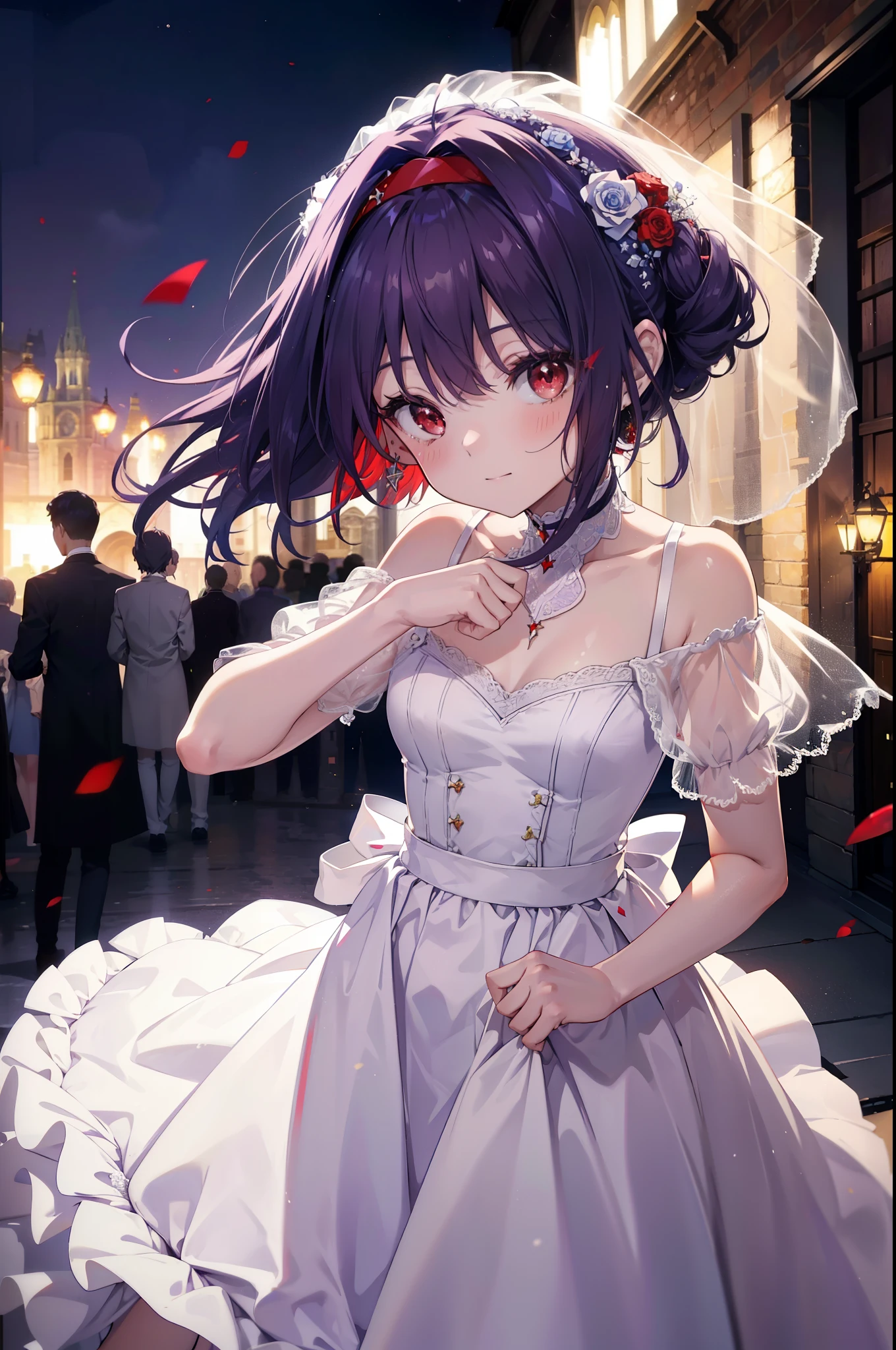 yuukikonno, Yuki Konno, hair band, long hair, pointed ears, purple hair, (red eyes:1.5), (small breasts:1.2), open your mouth,blush,smile,bossy, Wedding dress,veil,Wedding Skirts,bouquet,bouquetトス,He has a large bouquet of flowers in his left hand., Put your right hand on your hip,looking down from top to bottom,
break looking at viewer, Upper body, full body,
break outdoors, church,chapel,
break (masterpiece:1.2), highest quality, High resolution, unity 8k wallpaper, (figure:0.8), (detailed and beautiful eyes:1.6), highly detailed face, perfect lighting, Very detailed CG, (perfect hands, perfect anatomy),