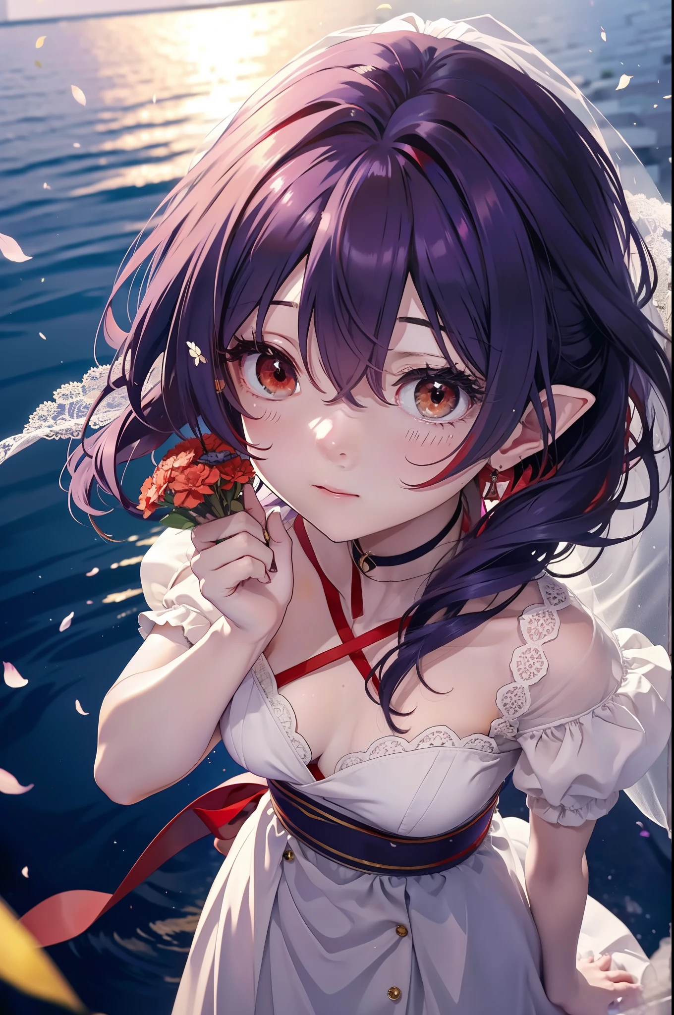 yuukikonno, Yuki Konno, hair band, long hair, pointed ears, purple hair, (red eyes:1.5), (small breasts:1.2), open your mouth,blush,smile,bossy, Wedding dress,veil,Wedding Skirts,bouquet,bouquetトス,He has a large bouquet of flowers in his left hand., Put your right hand on your hip,looking down from top to bottom,
break looking at viewer, Upper body, full body,
break outdoors, church,chapel,
break (masterpiece:1.2), highest quality, High resolution, unity 8k wallpaper, (figure:0.8), (detailed and beautiful eyes:1.6), highly detailed face, perfect lighting, Very detailed CG, (perfect hands, perfect anatomy),