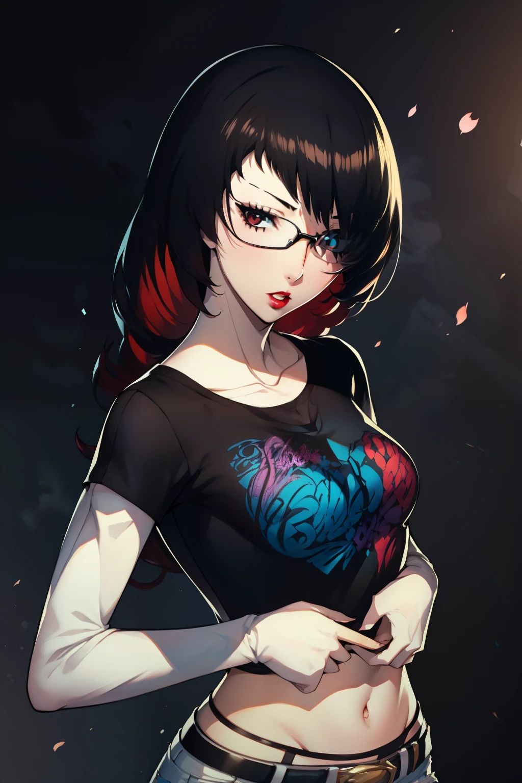 Persona3Mitsuru, hair over one eye ,glossy lips ,red hair, 1girl, solo, standing, black t-shirt, white shirt, blue jeans, belt, lipstick, eyewear on head,