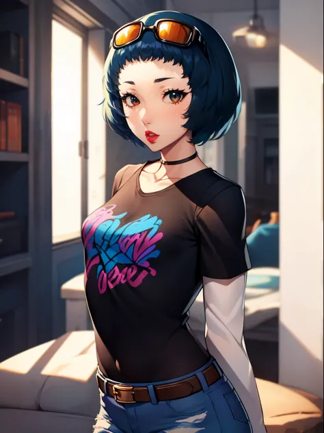 fuukap3, short hair ,glossy lips ,blue hair, 1girl, solo, standing, black t-shirt, white shirt, blue jeans, belt, lipstick, eyew...