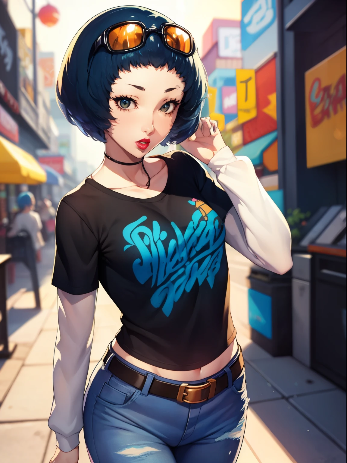 fuukap3, short hair ,glossy lips ,blue hair, 1girl, solo, standing, black t-shirt, white shirt, blue jeans, belt, lipstick, eyewear on head,