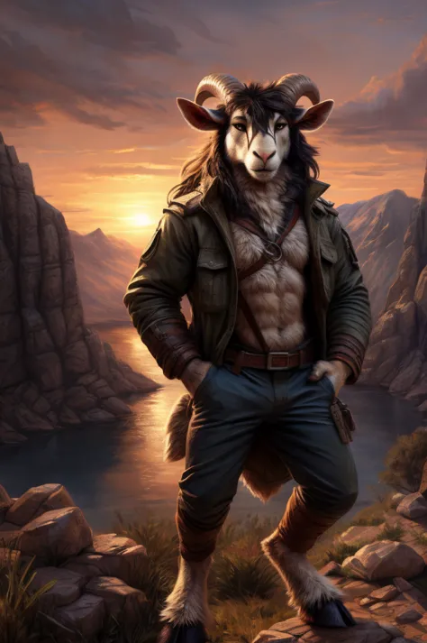 male, solo, anthro, mammal, goat, caprine, (caprine horn), horizontal pupils,  cloven hooves,
fully clothed, bottomwear, topwear...