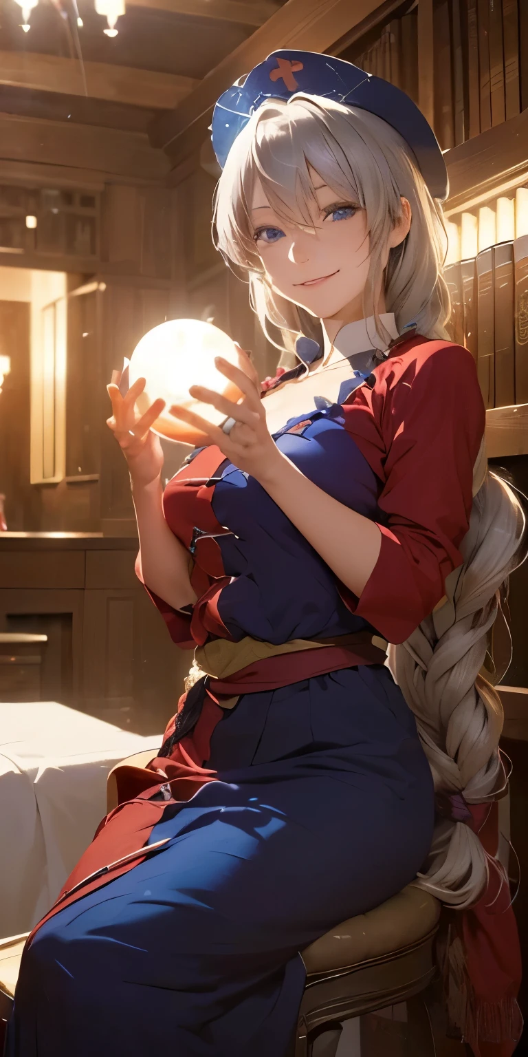 (masterpiece, best quality:1.3), (upper body:1.3), Yagokoro Eirin, Touhou Series, perfect face, expressive eyes, 1woman, looking at viewer, 38 years old, gorgeous body, big breast, beautiful, anime, lora,1woman, silver hair, braid hair, nurse cap, red and blue clothes, long skirt, (evil smile:1.5), (cinematic lighting, realistic, dream-like, enchanting atmosphere:1.5), (photo of a woman in her dark and mysterious environment:1.3), (the woman surrounded by an aura of mystery and intrigue:1.3), (in the middle of a massive modern library in the style of Tianjin Library:1.3), (candles flickering, casting dancing shadows around the room:1.3), (the dim lighting adding to the ambiance of secrecy and mysticism:1.3), (a crystal ball nearby, adding to the mystical setting:1.3), (symbols of astrology and esoteric knowledge decorating the room:1.3), (a hint of incense in the air, adding to the sensory experience:1.3), 