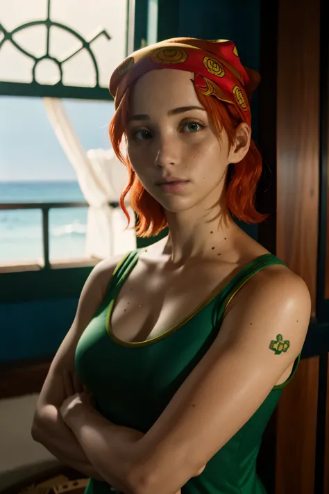 emilyrudd, nami, a woman with red hair an a green shirt wearing a bandana , Nami one piece, hot look, in bedroom, red dress 