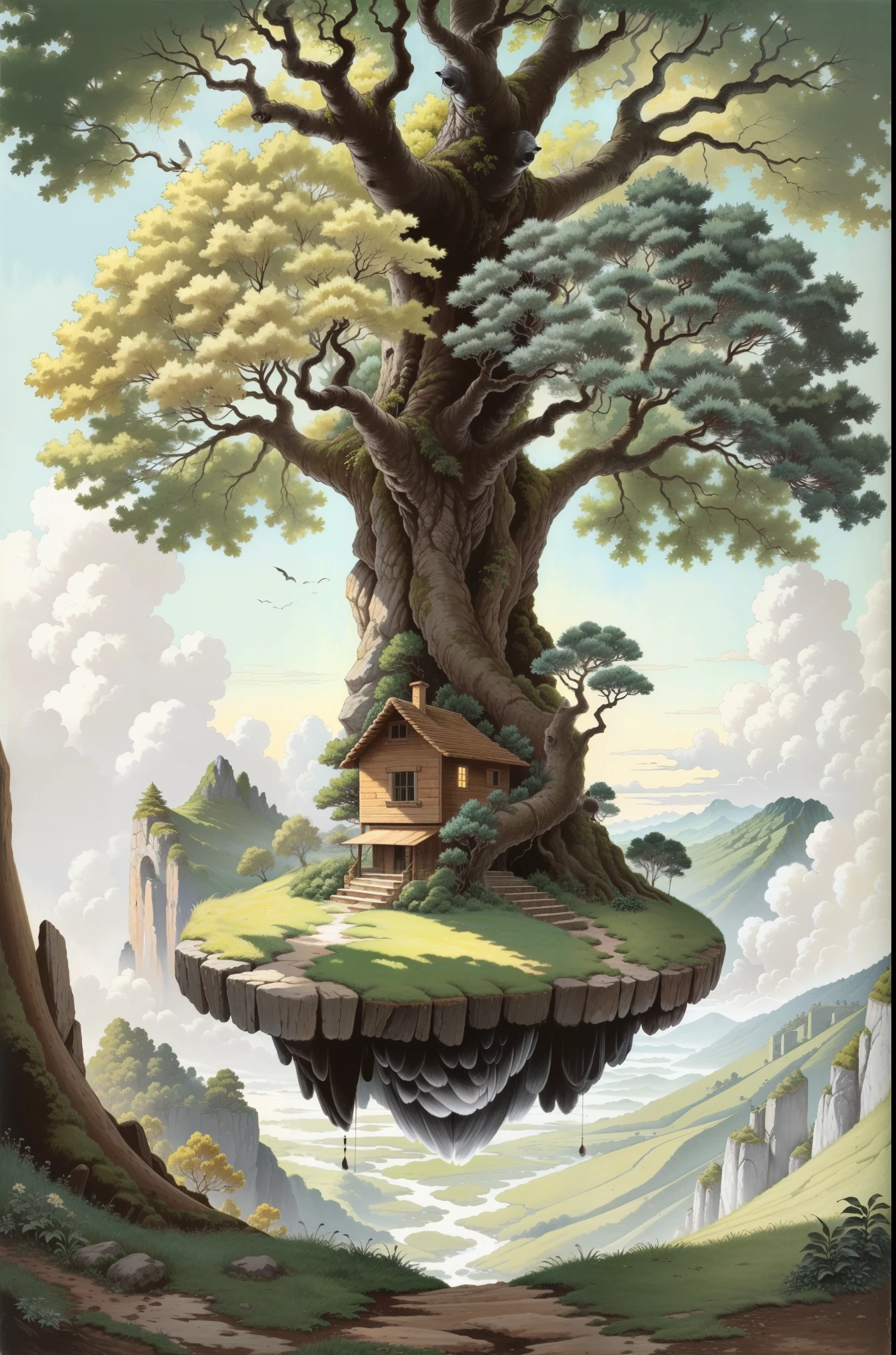 house in a tree,natural light,nature and animal living beings like birds and deer around 