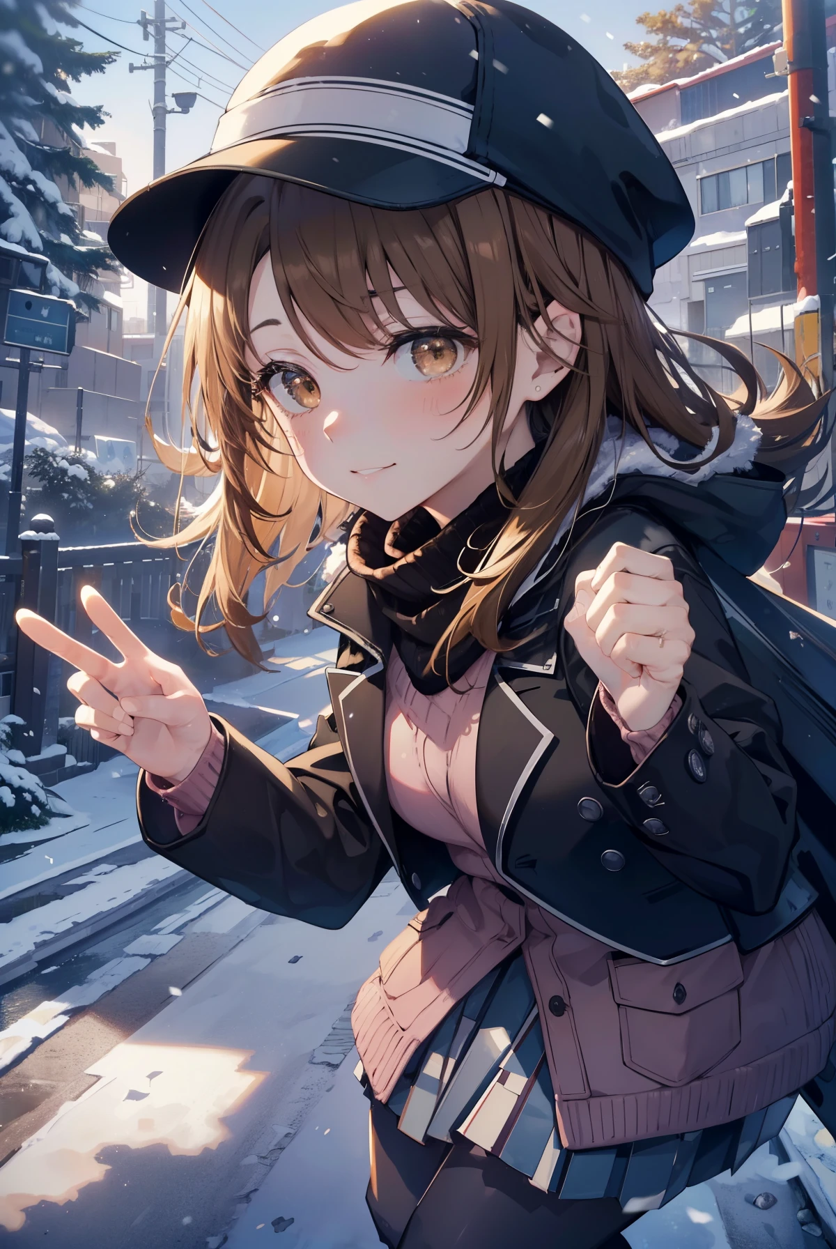 irohaisshiki, iroha isshiki, long hair,, brown hair, (brown eyes:1.5), smile,blush,knit hat,long coat, turtleneck, long skirt,short boots,put both hands in coat pockets,winter scenery,winter is falling,Snow is falling on dead trees,snow is piled up on the road,gardenのベンチにに座っている,
break outdoors, garden,
break looking at viewer,
break (masterpiece:1.2), highest quality, High resolution, unity 8k wallpaper, (figure:0.8), (detailed and beautiful eyes:1.6), highly detailed face, perfect lighting, Very detailed CG, (perfect hands, perfect anatomy),