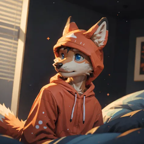 masterpieces,official art,furry,male,shota,anthropomorphic orange fox,delicate face,blue eyes,no hair,onesie, bedroom, cozy room...