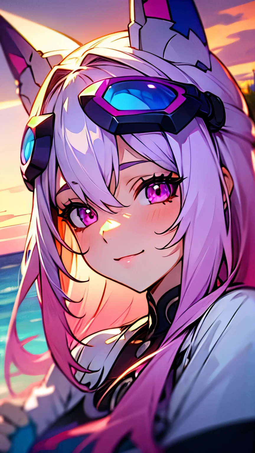 beach，seaside，Sunset，pink hair，pink eyes，Smile，white shirt，8K resolution，headgear