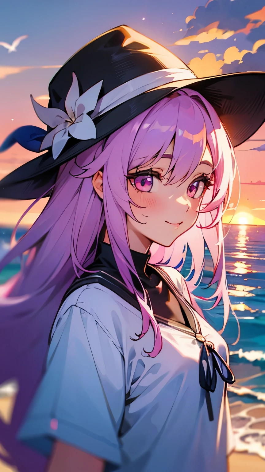 beach，seaside，Sunset，pink hair，pink eyes，Smile，white shirt，8K resolution，wizard hat