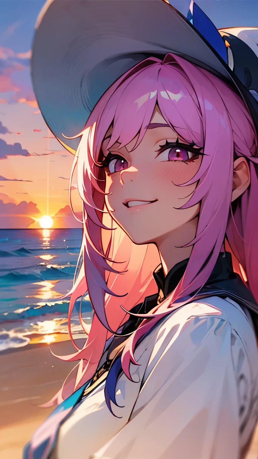 beach，seaside，Sunset，pink hair，pink eyes，Smile，white shirt，8K resolution，black wizard hat