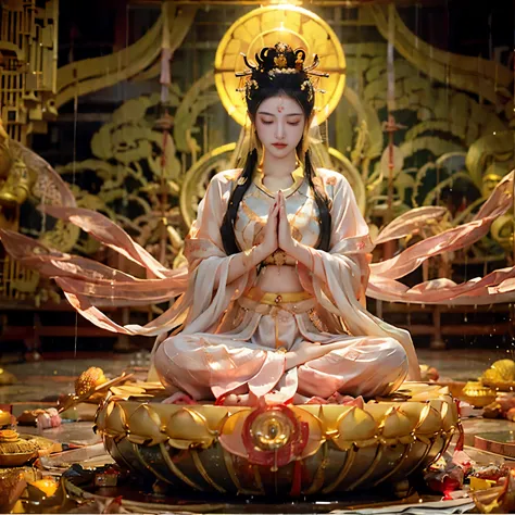 sexy zen female guanyin wearing transparent thin pajamas，the whole body is drenched in sweat, detailed face, sitting cross-legge...