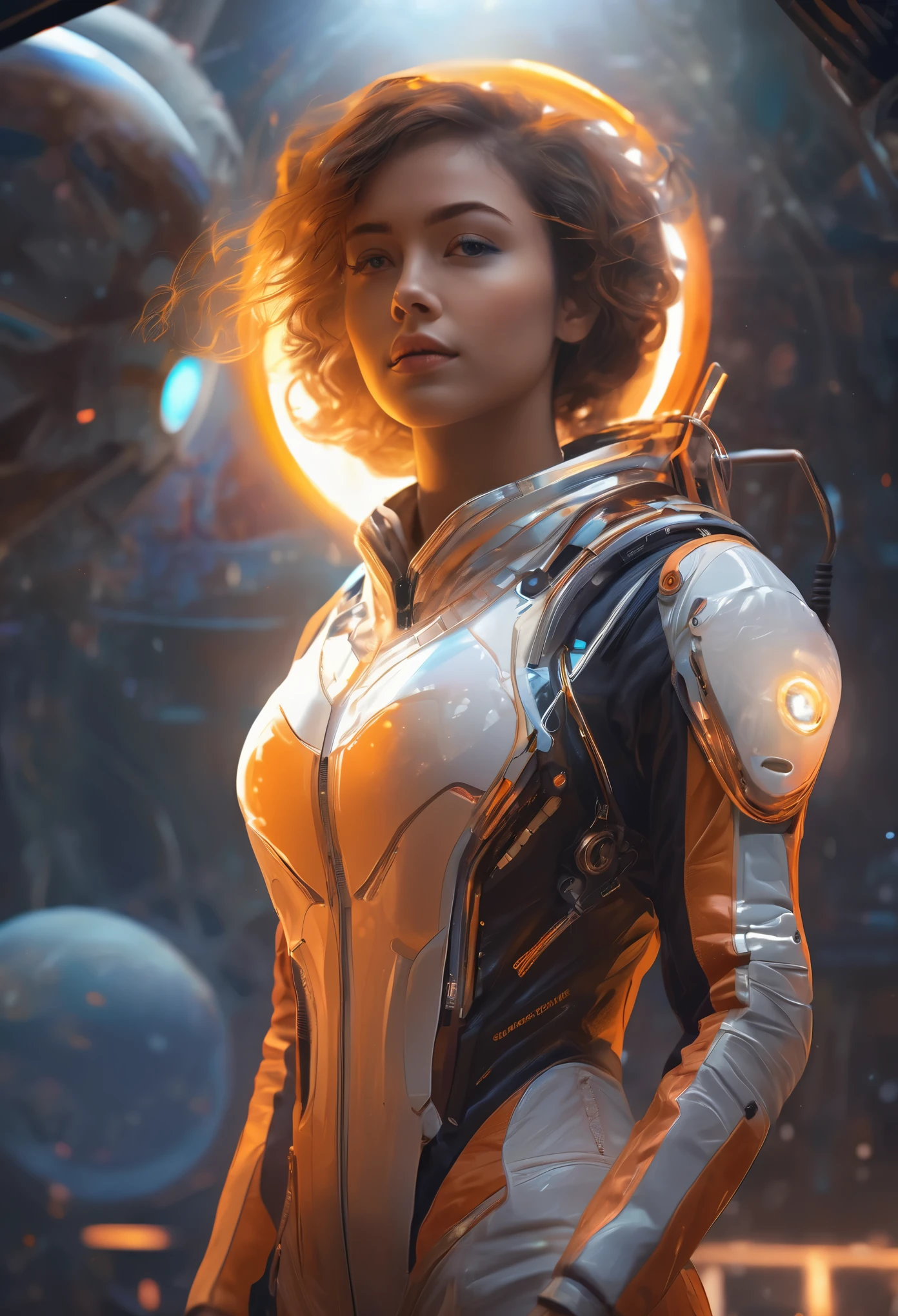 Female 25 years old beautiful astronaut 2500, detailed iridescent eyes, orange clotheetallic white details, cinematic, photo shoot, half Backlight, Backlight, dramatic lighting , incandescent lamp, soft lighting, extremely detailed and complicated, hyper maximalist, Non-style art by guweiz, elegant pose, dynamic, photo shoot, Volume measurement , super detailed, intricate details, Very detailed first piece by guweiz, futuristic environment, detailed skin