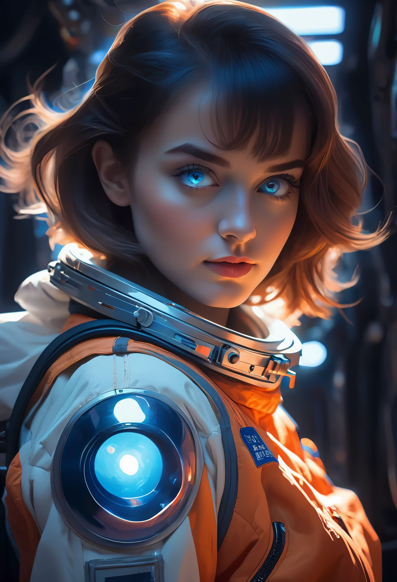 Female 25 years old beautiful astronaut 1950 , deep blue eyes, orange clotheetallic white details, cinematic, photo shoot, half Backlight, Backlight, dramatic lighting , incandescent lamp, soft lighting, extremely detailed and complicated, hyper maximalist, Non-style art by guweiz, elegant pose, dynamic, photo shoot, Volume measurement , super detailed, intricate details, Very detailed first piece by guweiz, futuristic environment , detailed iridescent eyes,