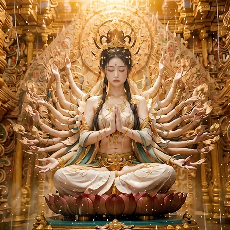 Naked naked zen female avalokitesvara，The whole body is drenched in sweat, Detailed face, Sitting cross-legged on the lotus plat...
