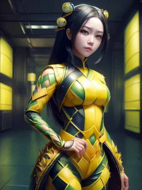(high quality), (masterpiece), (detailed), 8K, Hyper-realistic portrayal of a futuristic (1girl1.2), Japanese character with intricate ketupat-inspired attire. Meticulous details capture the fusion of traditional and futuristic elements in this visually st...