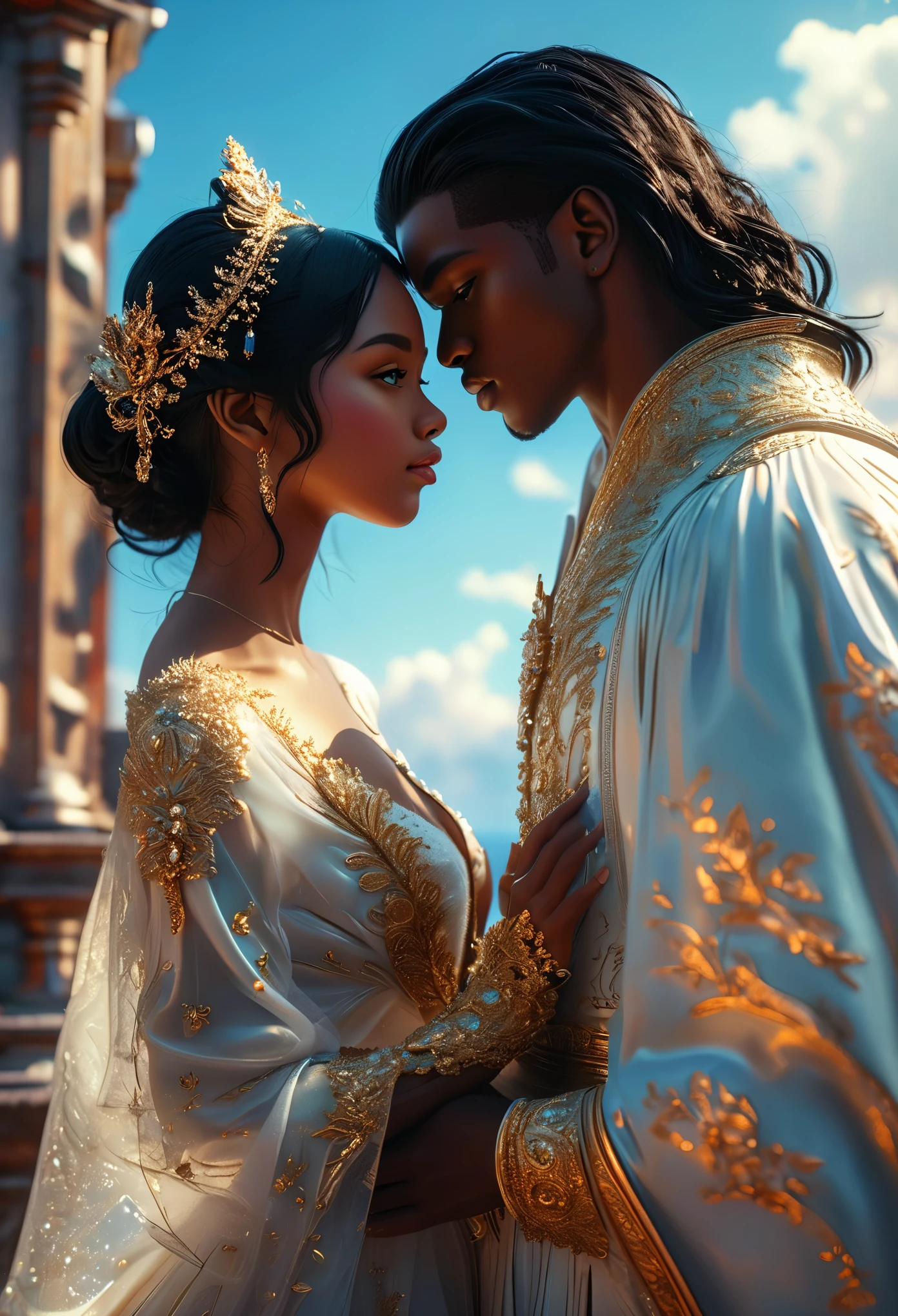 Novel in celestial landscape, a beautiful young darkskin couple with (((a short black hair young judge))) with (((a young imperial duke with long black hair))), with desire, hot couple, (((very beautiful))), perfect faces, whole body, romantic scene, romantic Way, sexy couple, 8K, extremely detailed, (high quality, realistic, photorealistic: 1.37), Full body, ideal proportions and defined complexion, meticulously crafted features, unreachable beauty, perfection, artistic masterpieces, vivid realism, hyper-detailed sculptures, life-like forms, truly awe-inspiring, impeccable craftsmanship, pure radiance, ethereal beauty, delicate contours, striking poses, sublime beauty, subtle nuances, dynamic compositions, vibrant colors, perfect lighting, soulful expressions, celestial aura, majestic presence, dreamlike atmosphere, unmatched gdetailed octane render trending on artstation, 8 k artistic photography, photorealistic concept art, soft natural volumetric cinematic perfect light, chiaroscuro, award - winning photograph, masterpiece, oil on canvas, beautiful detailed intricate insanely