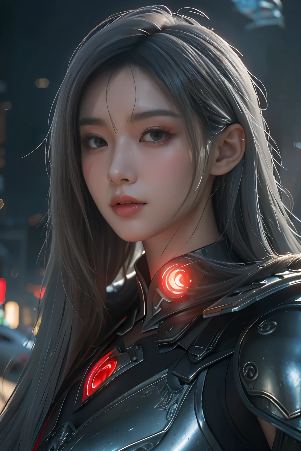 obra maestra,arte del juego,La mejor calidad de imagen,resolución más alta,8K,(Retrato),El renderizado de Unreal Engine 5 funciona,(Fotografía digital),((Retrato Feature:1.5)),
chica de 20 años,Detalles del pelo corto,con flequillo largo,(El maquillaje de ojos rojos es muy meticuloso.),(Con el pelo largo y gris:1.4),(grande, pechos llenos),Elegant and noble,Valiente y encantadora,
(Armadura futura combinada con las características de la antigua armadura china.,Diseño hueco,armadura de poder,Las misteriosas runas orientales,Un patrón de vestido delicado,Un destello de magia),guerrero del futuro,Figuras cyberpunk,fondo de guerra,
luces de película，trazado de rayos，juego cg，((Motor irreal 3D))，Patrón de reflexión de renderizado OC