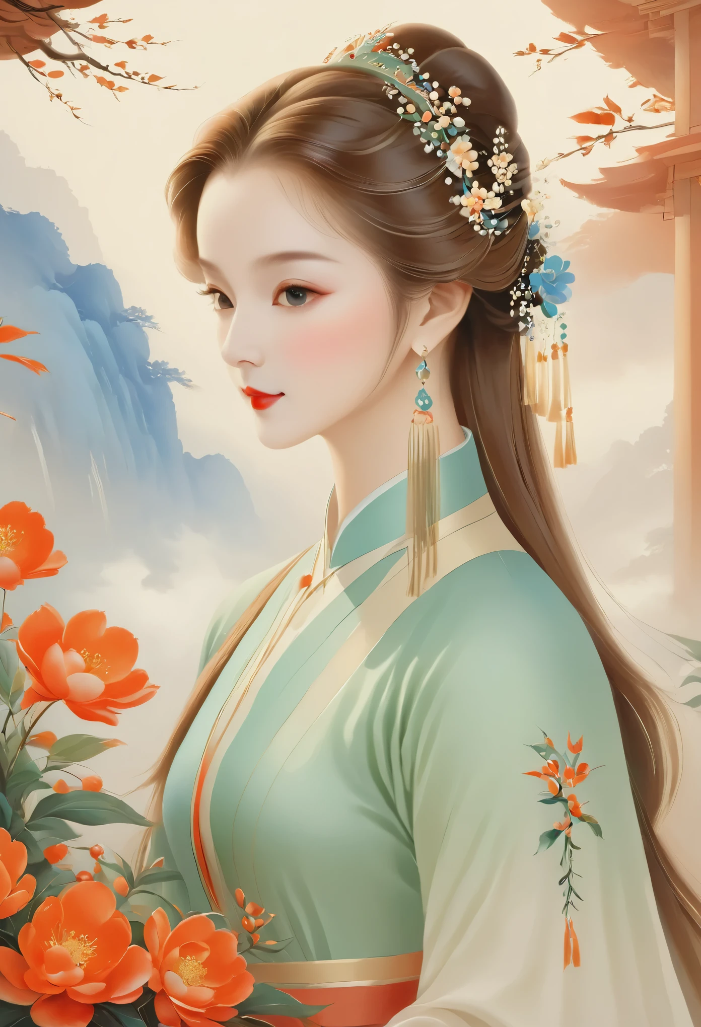 An exquisite meticulous painting，smooth lines，1 girl，Simple，Soft and elegant colors，clean background