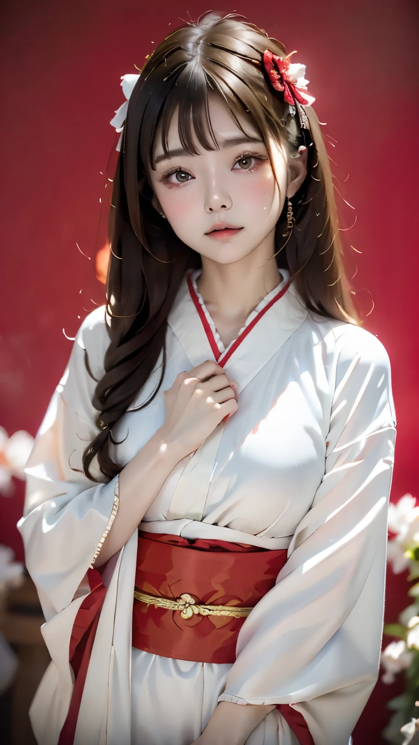8K、wallpaper、super detailed、beautiful beautiful、masterpiece、highest quality、perfect anatomy、one girl、14 years、beautiful black hair、(((straight long hair:1.3)))、Japanese、Big pink、(((Pure white kimono)))、very detailed、dynamic angle、cowboy shot、the most beautiful shape、elegant、Bright colors、romance、atmosphere、(((red background、明るいred background)))