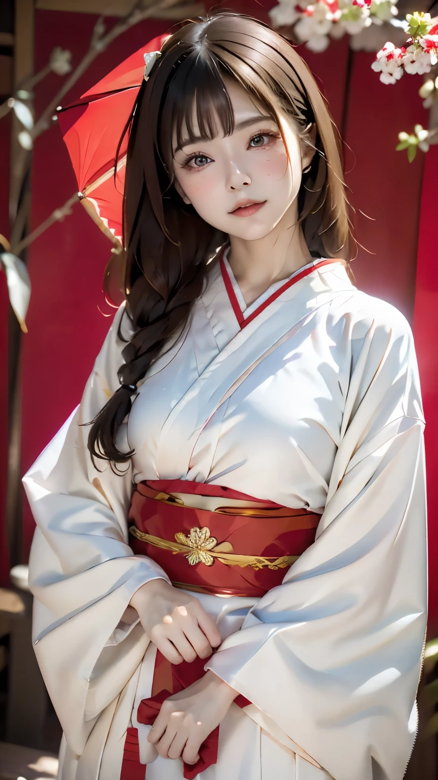 8K、wallpaper、super detailed、beautiful beautiful、masterpiece、highest quality、perfect anatomy、one girl、14 years、beautiful black hair、(((straight long hair:1.3)))、Japanese、Big pink、(((Pure white kimono)))、very detailed、dynamic angle、cowboy shot、the most beautiful shape、elegant、Bright colors、romance、atmosphere、(((red background、明るいred background)))