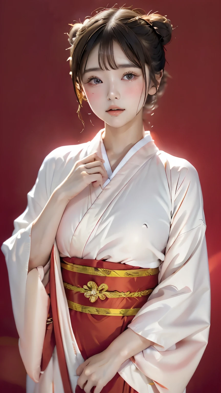 8K、wallpaper、super detailed、beautiful beautiful、masterpiece、highest quality、perfect anatomy、one girl、14 years、beautiful black hair、(((bun hair:1.3、blonde hair)))、Japanese、Big pink、(((Pure white kimono)))、very detailed、dynamic angle、cowboy shot、the most beautiful shape、elegant、Bright colors、romance、atmosphere、(((red background、明るいred background)))