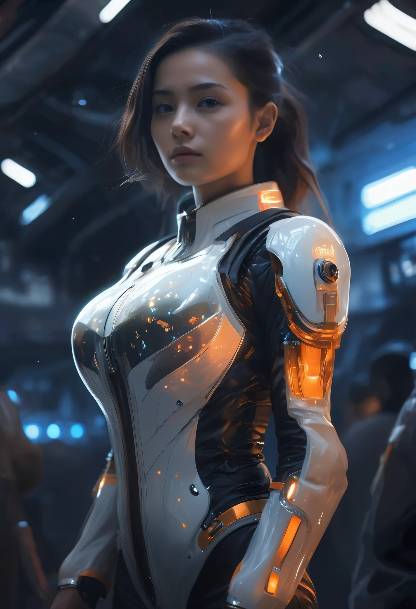 Female 25 years old beautiful astronaut 2500, detailed iridescent eyes, orange clotheetallic white details, cinematic, photo shoot, half Backlight, Backlight, dramatic lighting , incandescent lamp, soft lighting, extremely detailed and complicated, hyper maximalist, Non-style art by guweiz, elegant pose, dynamic, photo shoot, Volume measurement , super detailed, intricate details, Very detailed first piece by guweiz, futuristic environment, detailed skin