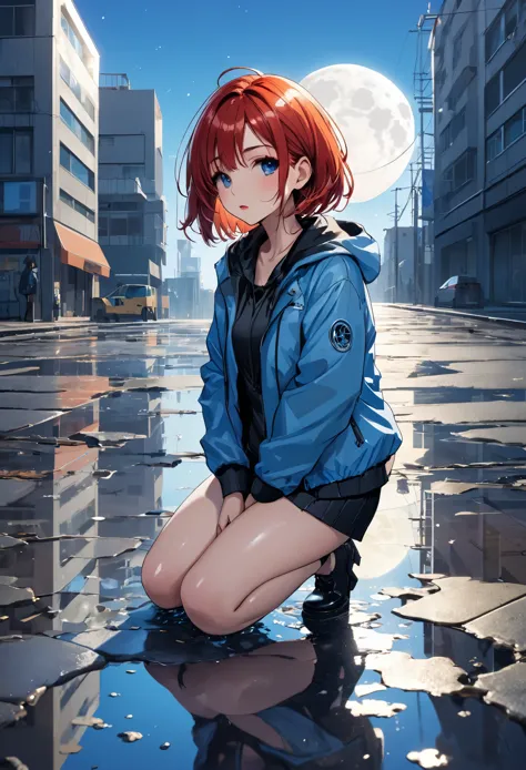 highest image quality　camera　modern city　broken building　tight outerwear　thighs　1 girl　kneeling in a puddle　open legs　redhead　bo...