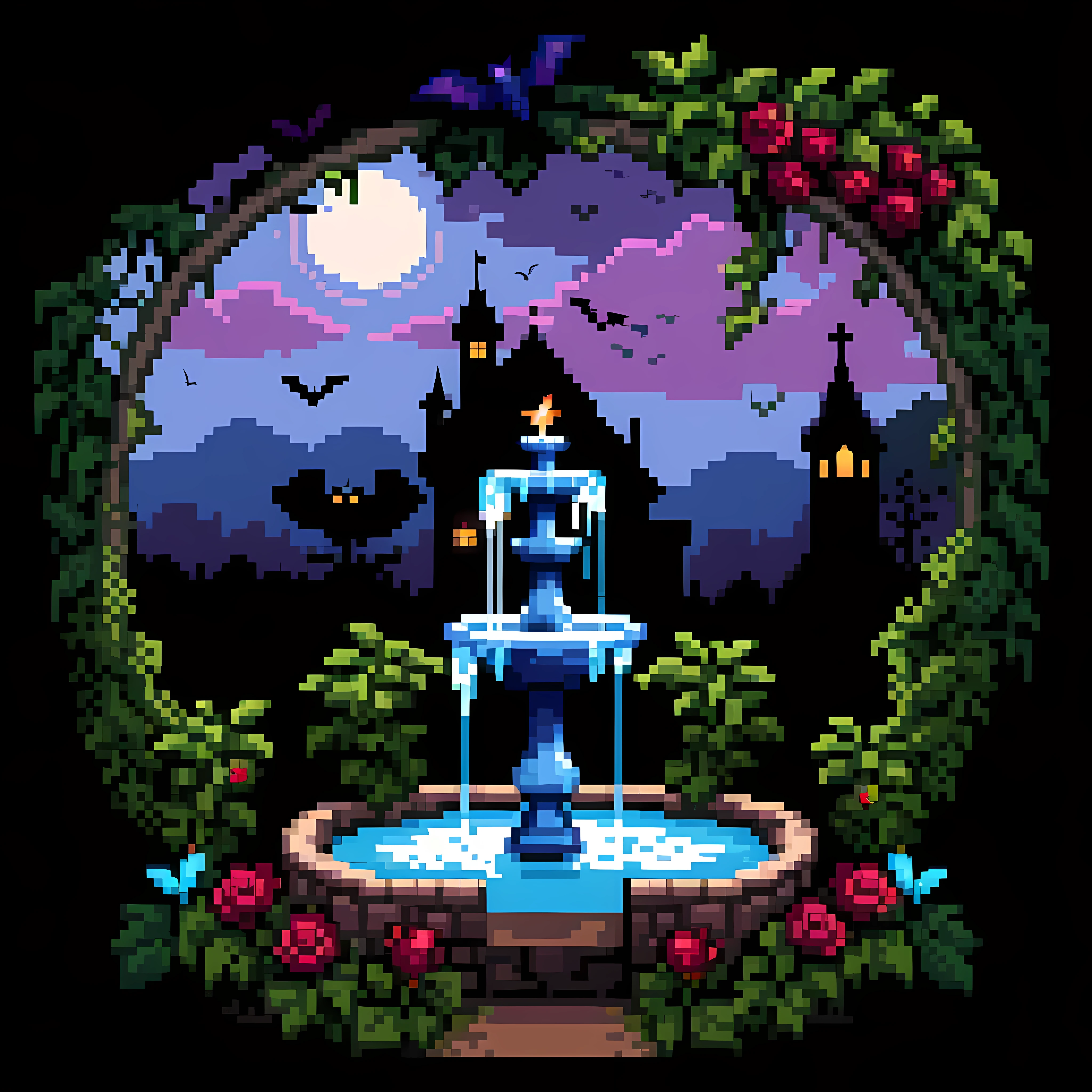 Cute pixel art illustration, masterpiece in maximum 16K resolution, superb quality, visualize a haunting twilight garden within a decrepit Victorian mansion during a sultry summer, where velvety dark roses, twisting ivy, the intricately carved gently flowing fountain, eerie bats flit through the dusky sky, adding a mysterious and gothic charm to the warm summer ambiance. | ((More_Detail))