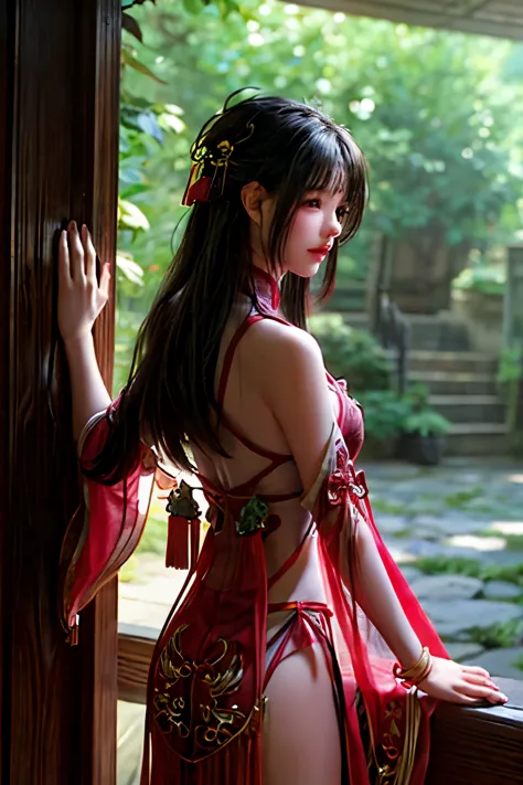 Amidst the tranquil Wuxia gardens, bathed in sunlight filtering through the verdant canopy, stands a captivating girl in a vibra...