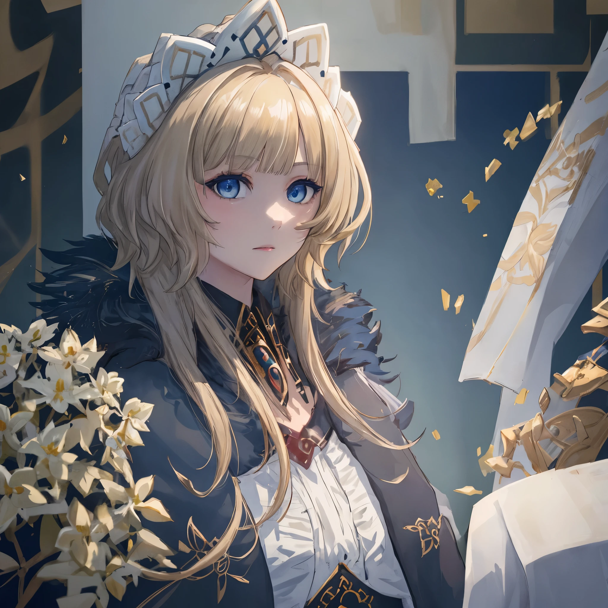 super fine illustration, an extremely cute and beautiful girl, highly detailed beautiful face and eyes, look at viewer, cowboy shot, beautiful hair, solo, dynamic angle, beautifully detailed fur coat with frill, ice castle in the background, blue tone,  sandrone, genshin impact style, blonde hair, short hair, hair ornament, detailed face, detailed eyes, fresh blue eyes