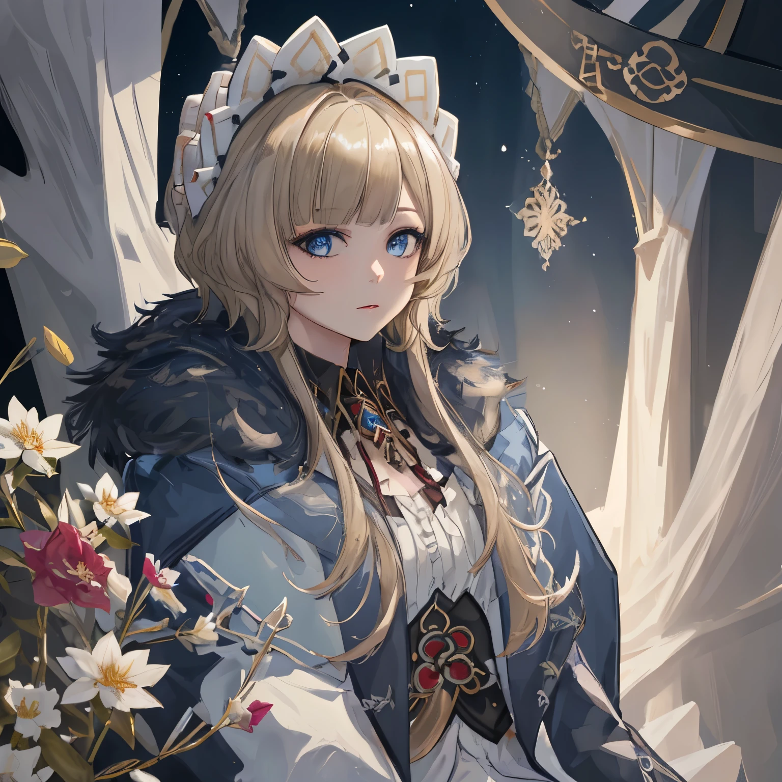 super fine illustration, an extremely cute and beautiful girl, highly detailed beautiful face and eyes, look at viewer, cowboy shot, beautiful hair, solo, dynamic angle, beautifully detailed fur coat with frill, ice castle in the background, blue tone,  sandrone, genshin impact style, blonde hair, short hair, hair ornament, detailed face, detailed eyes, fresh blue eyes