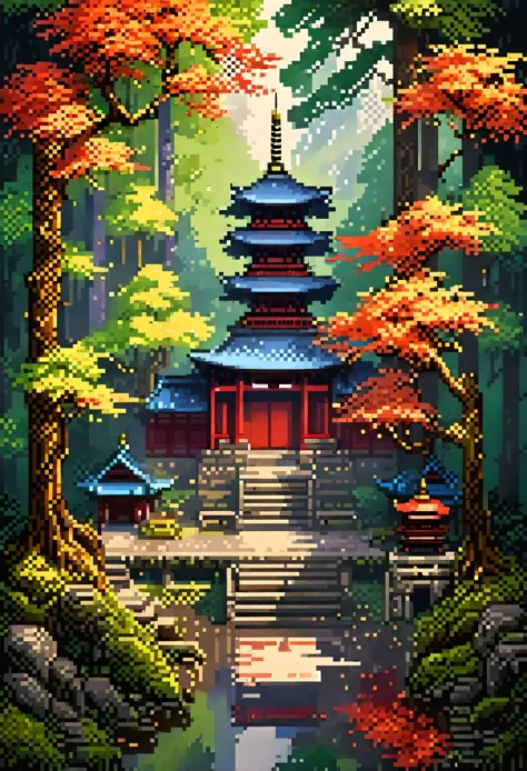 Japanese temple in the middle of the forest, Pixel art